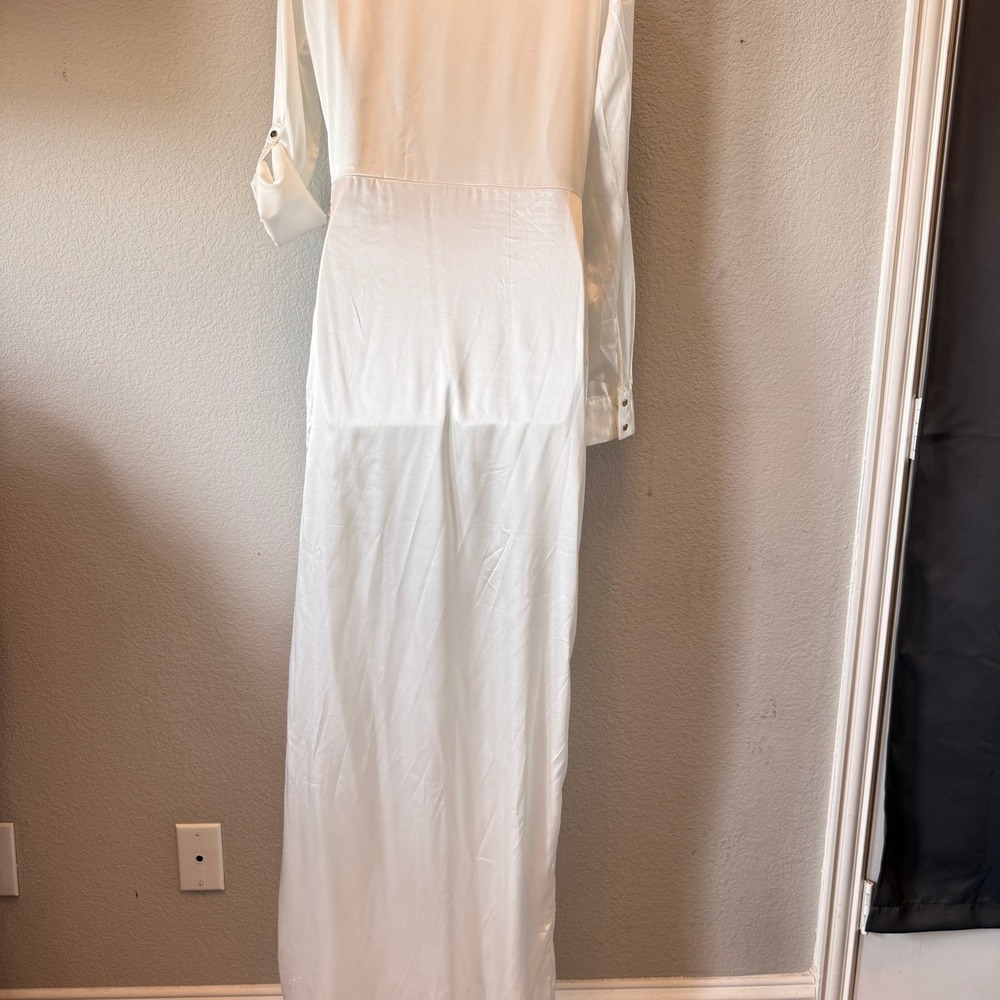 JLUXLABEL Wrap Satin Maxi Dress Womens White S Long Sleeve Collared Slit NWT - Picture 11 of 16